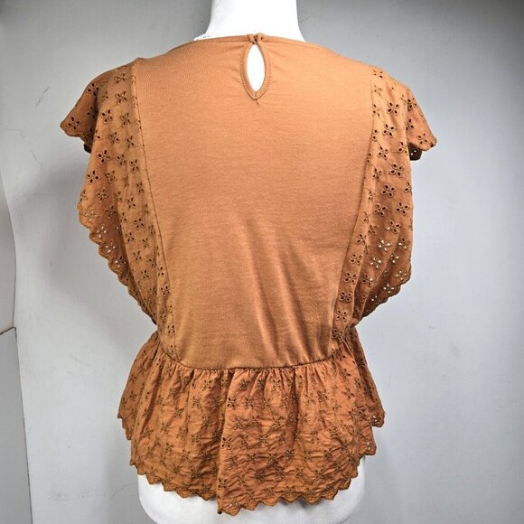 ZARA Cognac Brown Eyelet Lace Flutter Sleeve Peplum Top - Picture 6 of 7